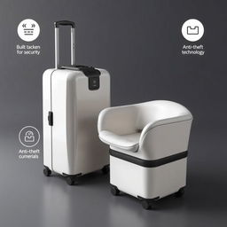 A modern, sleek suitcase designed to transform into a stylish chair