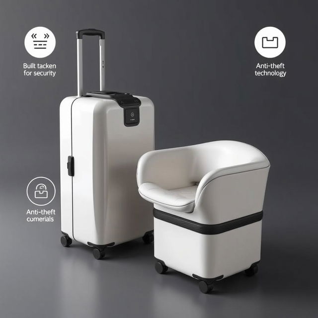 A modern, sleek suitcase designed to transform into a stylish chair