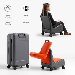 A modern, sleek suitcase designed to transform into a stylish chair