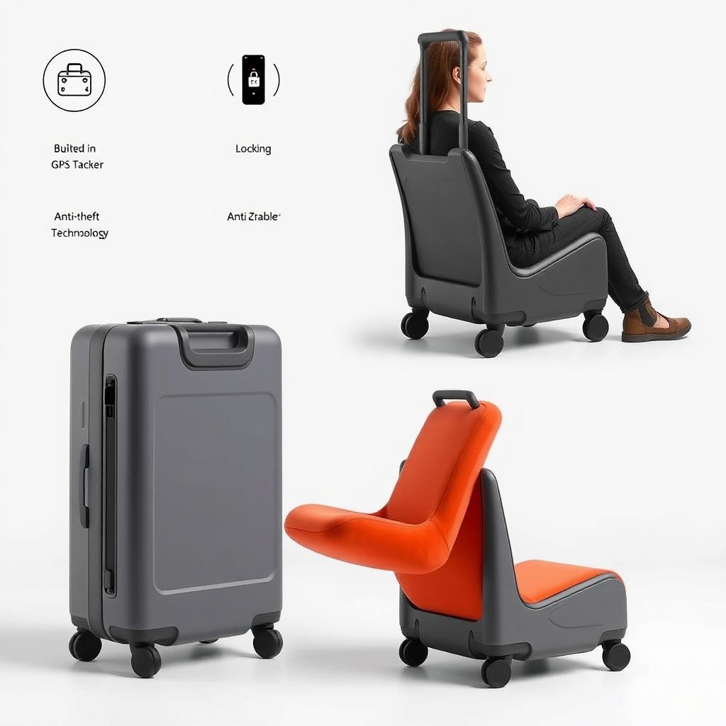 A modern, sleek suitcase designed to transform into a stylish chair