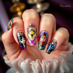 Elegant nail art designed with a Disney Descendants theme, featuring characters like Mal, Evie, Jay, and Carlos, showcasing intricate designs like crowns, magical symbols, and vibrant colors inspired by their clothing