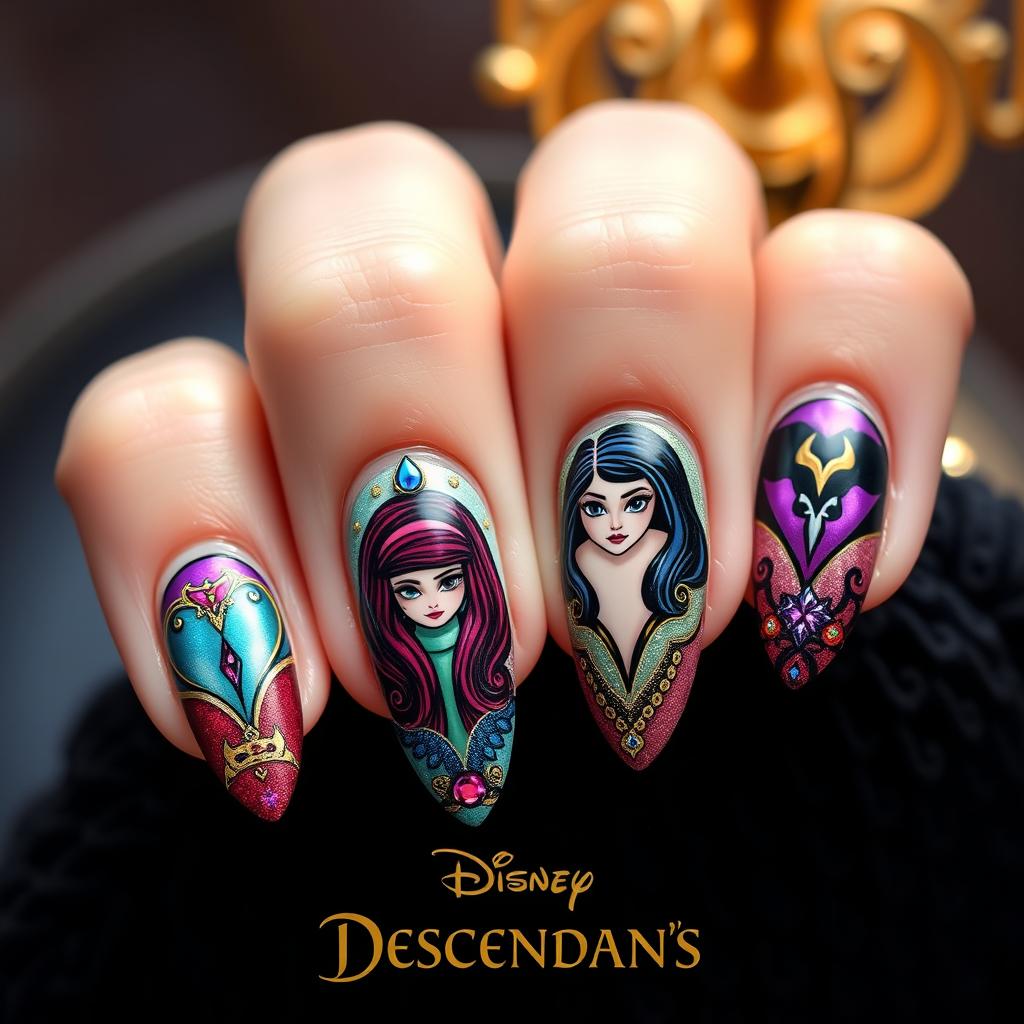Elegant nail art designed with a Disney Descendants theme, featuring characters like Mal, Evie, Jay, and Carlos, showcasing intricate designs like crowns, magical symbols, and vibrant colors inspired by their clothing