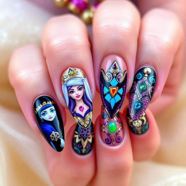 Elegant nail art designed with a Disney Descendants theme, featuring characters like Mal, Evie, Jay, and Carlos, showcasing intricate designs like crowns, magical symbols, and vibrant colors inspired by their clothing