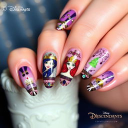 Elegant nail art designed with a Disney Descendants theme, featuring characters like Mal, Evie, Jay, and Carlos, showcasing intricate designs like crowns, magical symbols, and vibrant colors inspired by their clothing
