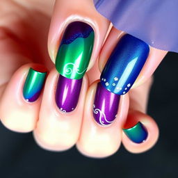 An elegant nail art design inspired by the Disney Descendants color theme