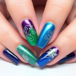 An elegant nail art design inspired by the Disney Descendants color theme