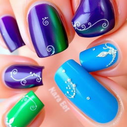 An elegant nail art design inspired by the Disney Descendants color theme