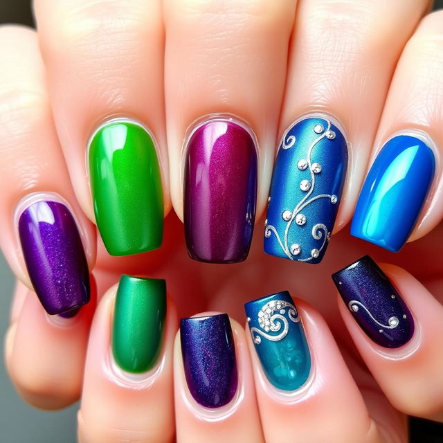 An elegant nail art design inspired by the Disney Descendants color theme