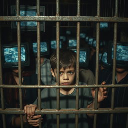 A somber and emotionally evocative scene depicting a scared and depressed boy trapped in a metal cage, surrounded by a crowd of various people