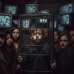 A somber and emotionally evocative scene depicting a scared and depressed boy trapped in a metal cage, surrounded by a crowd of various people