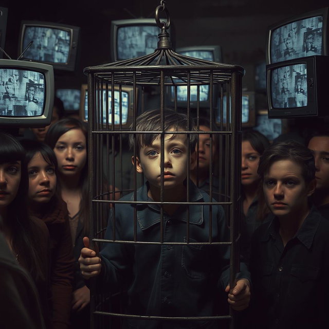 A somber and emotionally evocative scene depicting a scared and depressed boy trapped in a metal cage, surrounded by a crowd of various people