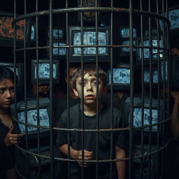 A somber and emotionally evocative scene depicting a scared and depressed boy trapped in a metal cage, surrounded by a crowd of various people