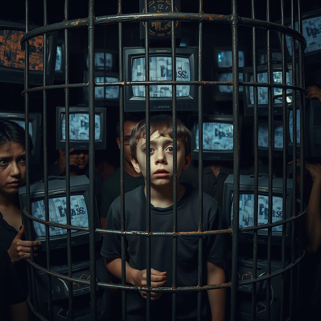 A somber and emotionally evocative scene depicting a scared and depressed boy trapped in a metal cage, surrounded by a crowd of various people