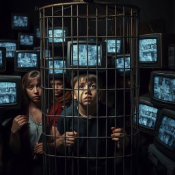 A somber and emotionally evocative scene depicting a scared and depressed boy trapped in a metal cage, surrounded by a crowd of various people