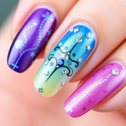 A close-up shot of elegant nail art featuring a beautiful blink-blink design in the Disney Descendants color theme, incorporating shades of purple, blue, green, and pink