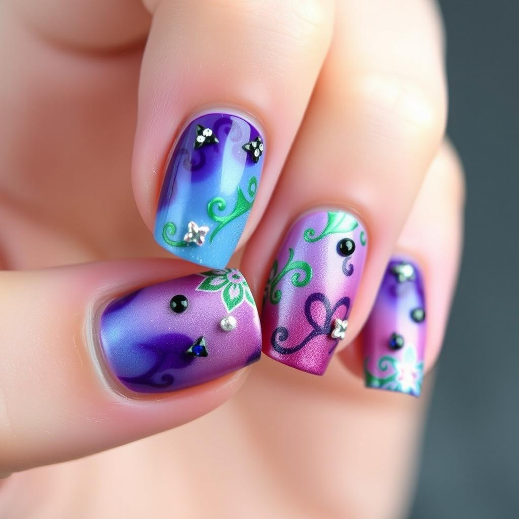 A close-up shot of elegant nail art featuring a beautiful blink-blink design in the Disney Descendants color theme, incorporating shades of purple, blue, green, and pink