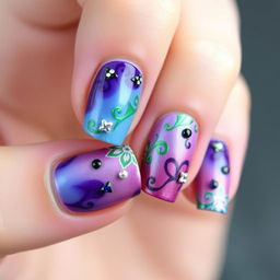 A close-up shot of elegant nail art featuring a beautiful blink-blink design in the Disney Descendants color theme, incorporating shades of purple, blue, green, and pink