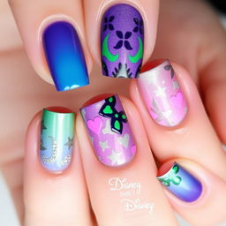 A close-up shot of elegant nail art featuring a beautiful blink-blink design in the Disney Descendants color theme, incorporating shades of purple, blue, green, and pink