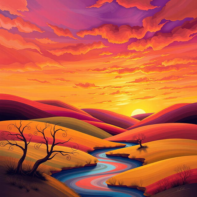 A seamless continuation of an abstract landscape with vibrant colors, featuring rolling hills and a sunset sky filled with hues of orange, pink, and purple