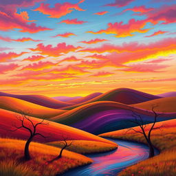 A seamless continuation of an abstract landscape with vibrant colors, featuring rolling hills and a sunset sky filled with hues of orange, pink, and purple