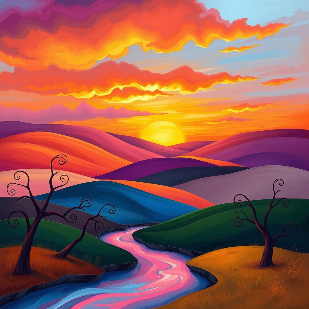 A seamless continuation of an abstract landscape with vibrant colors, featuring rolling hills and a sunset sky filled with hues of orange, pink, and purple