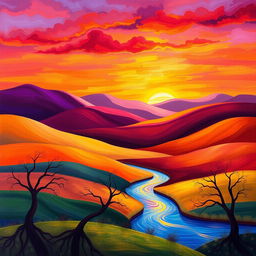 A seamless continuation of an abstract landscape with vibrant colors, featuring rolling hills and a sunset sky filled with hues of orange, pink, and purple