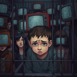 A vivid illustration of a young boy with a forlorn expression, sitting inside a cage in a crowded space