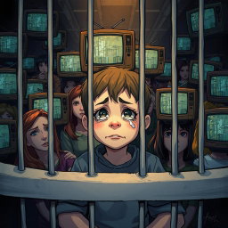 A vivid illustration of a young boy with a forlorn expression, sitting inside a cage in a crowded space