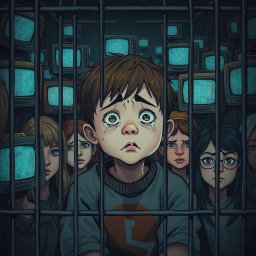 A vivid illustration of a young boy with a forlorn expression, sitting inside a cage in a crowded space