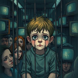 A vivid illustration of a young boy with a forlorn expression, sitting inside a cage in a crowded space
