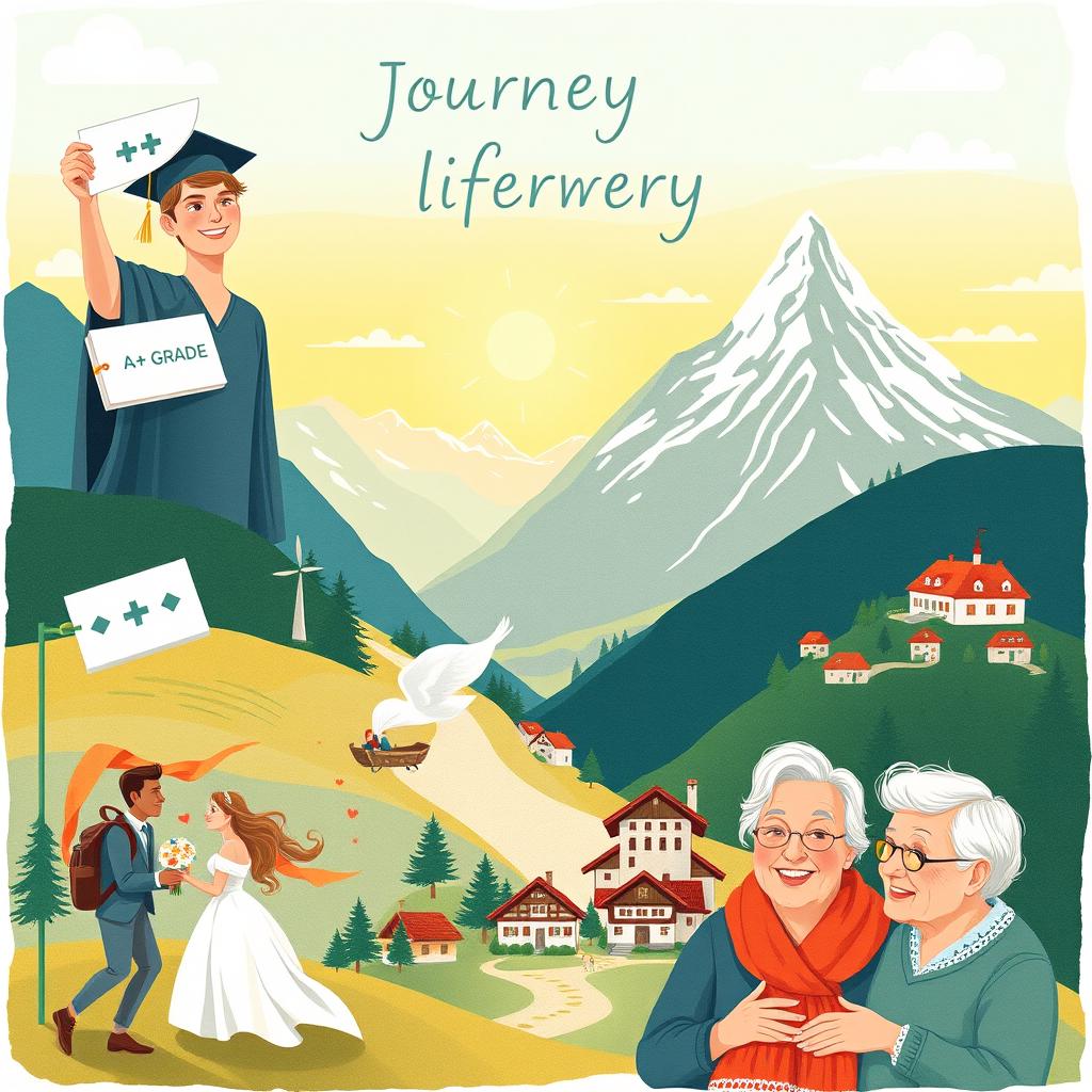 An inspirational illustration showing the journey of life that encompasses significant milestones: a proud graduate holding an A+ grade diploma, symbolizing academic success