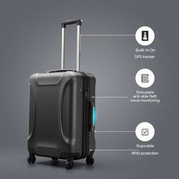 An innovative suitcase that showcases advanced technology with features such as a built-in GPS tracker for real-time location monitoring and robust anti-theft mechanisms including lockable zippers and RFID protection