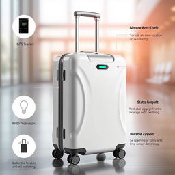 An innovative suitcase that showcases advanced technology with features such as a built-in GPS tracker for real-time location monitoring and robust anti-theft mechanisms including lockable zippers and RFID protection