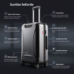 An innovative suitcase that showcases advanced technology with features such as a built-in GPS tracker for real-time location monitoring and robust anti-theft mechanisms including lockable zippers and RFID protection