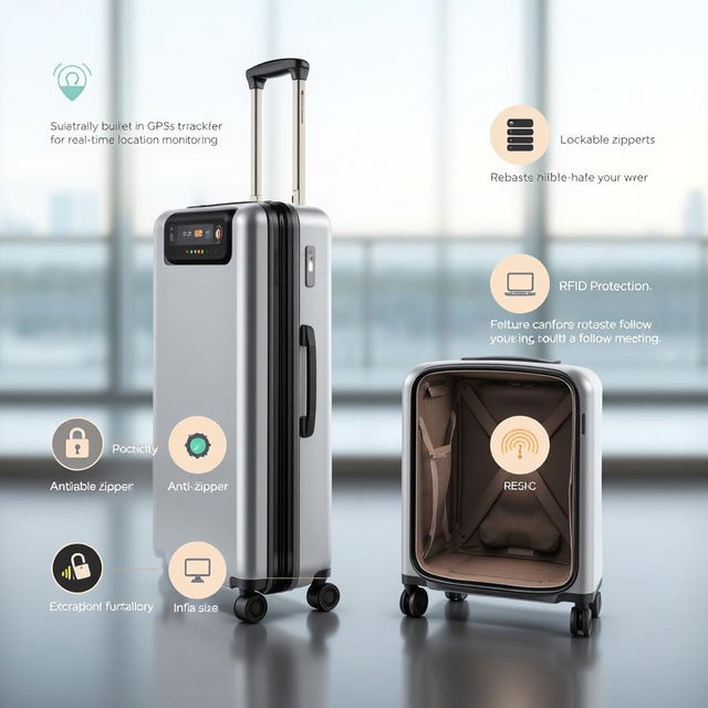 An innovative suitcase that showcases advanced technology with features such as a built-in GPS tracker for real-time location monitoring and robust anti-theft mechanisms including lockable zippers and RFID protection