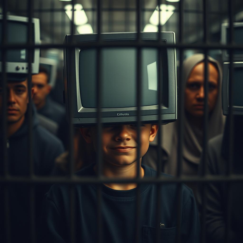 A striking image of a young boy with a sad smile, sitting inside a cage in a crowded environment