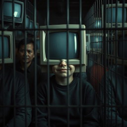 A striking image of a young boy with a sad smile, sitting inside a cage in a crowded environment