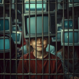 A striking image of a young boy with a sad smile, sitting inside a cage in a crowded environment