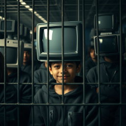A striking image of a young boy with a sad smile, sitting inside a cage in a crowded environment