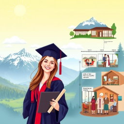 A beautiful scene depicting the journey of a girl from her academic achievements to her life milestones