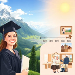 A beautiful scene depicting the journey of a girl from her academic achievements to her life milestones