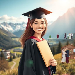 A beautiful scene depicting the journey of a girl from her academic achievements to her life milestones
