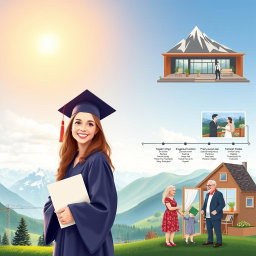 A beautiful scene depicting the journey of a girl from her academic achievements to her life milestones
