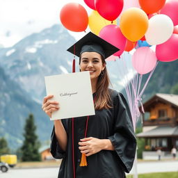 A young woman in her mid-20s celebrating her graduation with honors, holding a diploma with a proud smile