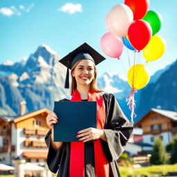 A young woman in her mid-20s celebrating her graduation with honors, holding a diploma with a proud smile