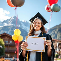 A young woman in her mid-20s celebrating her graduation with honors, holding a diploma with a proud smile