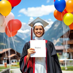 A young woman in her mid-20s celebrating her graduation with honors, holding a diploma with a proud smile