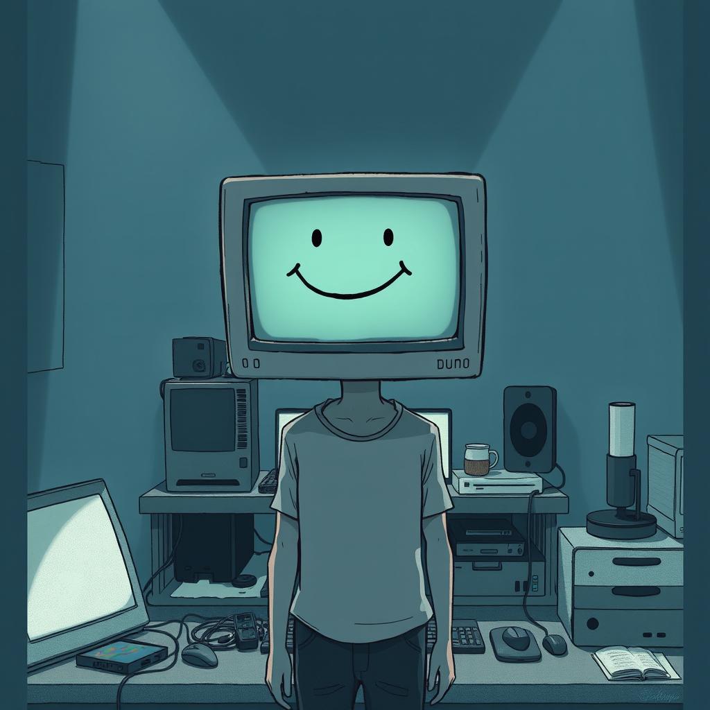A surrealistic illustration of a person with a monitor for a head, featuring a simplistic, sad smile on the screen