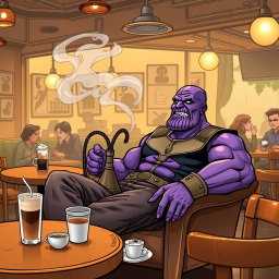 A humorous depiction of Thanos, the purple-skinned Titan from Marvel Comics, sitting comfortably in a cozy coffee house
