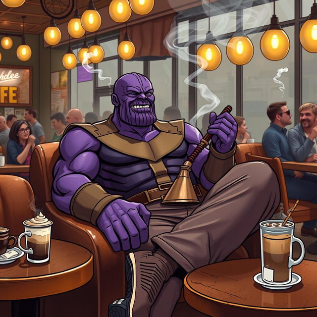 A humorous depiction of Thanos, the purple-skinned Titan from Marvel Comics, sitting comfortably in a cozy coffee house